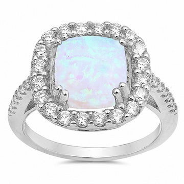 Halo Ring Princess Cut Lab Created White Opal 925 Sterling Silver